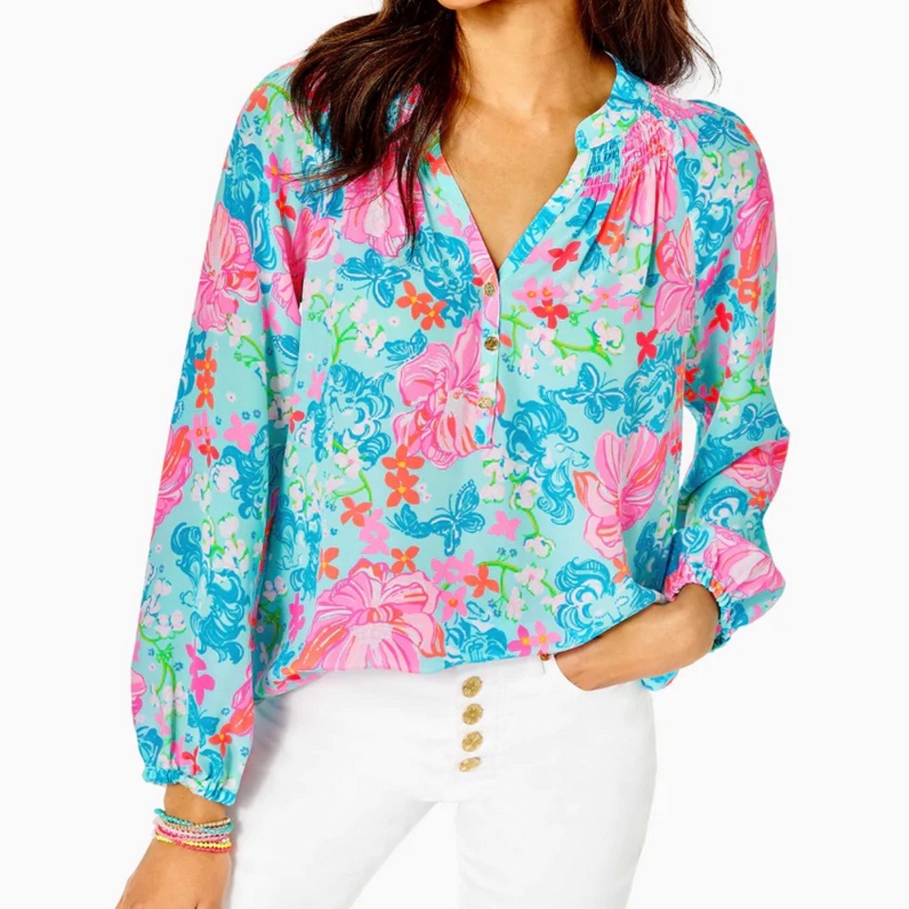 Lilly Pulitzer NWT SILK Size Large Elsa Top Surf Blue Luscious Lions